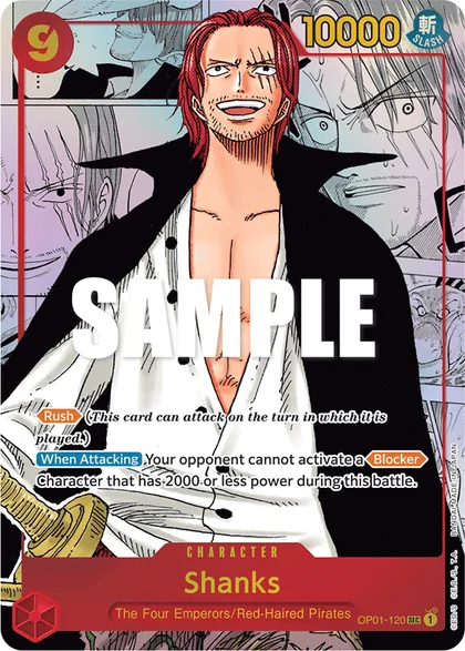 Shanks, OP01-120, a Romance Dawn parallel with black-and-white manga panels in the background