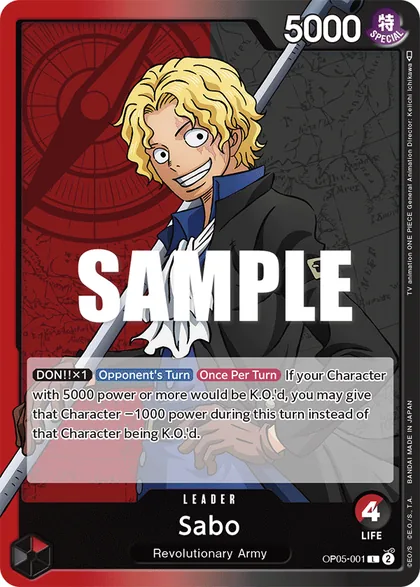Sabo, OP05-001, a Leader card from Awakening of the New Era with its Life value