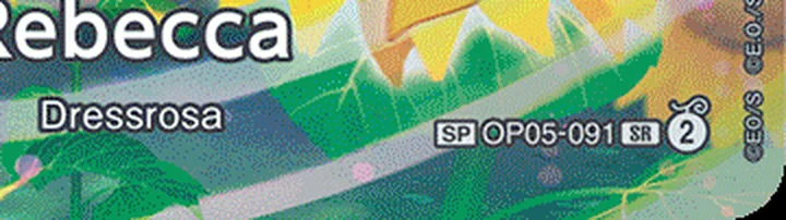 Close-up of the Rebecca SP card: SP box, OP05-091 and the SR box