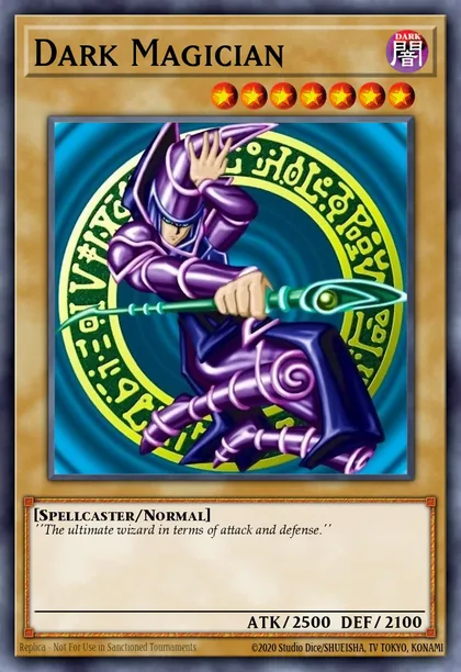 Dark Magician, a replica card render from YGOPRODeck