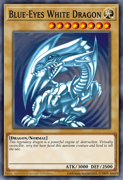 Blue-Eyes White Dragon, a replica card render from YGOPRODeck