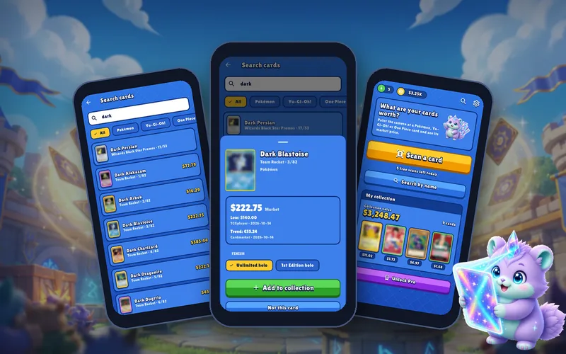 Original Pullwise fantasy cards on an arena world background, for a comparison of card scanner apps