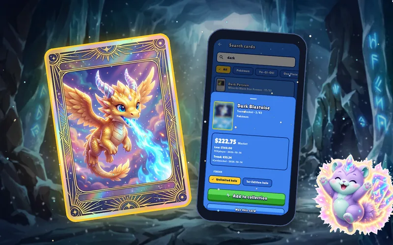 An original Pullwise legendary card next to the app's price sheet for Dark Blastoise, with Pip the mascot, on an ice world background