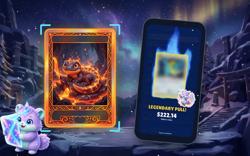 An original Pullwise fantasy card inside scanner corner marks next to a phone showing a Legendary Pull reveal, with the Pip mascot on a night mountain background