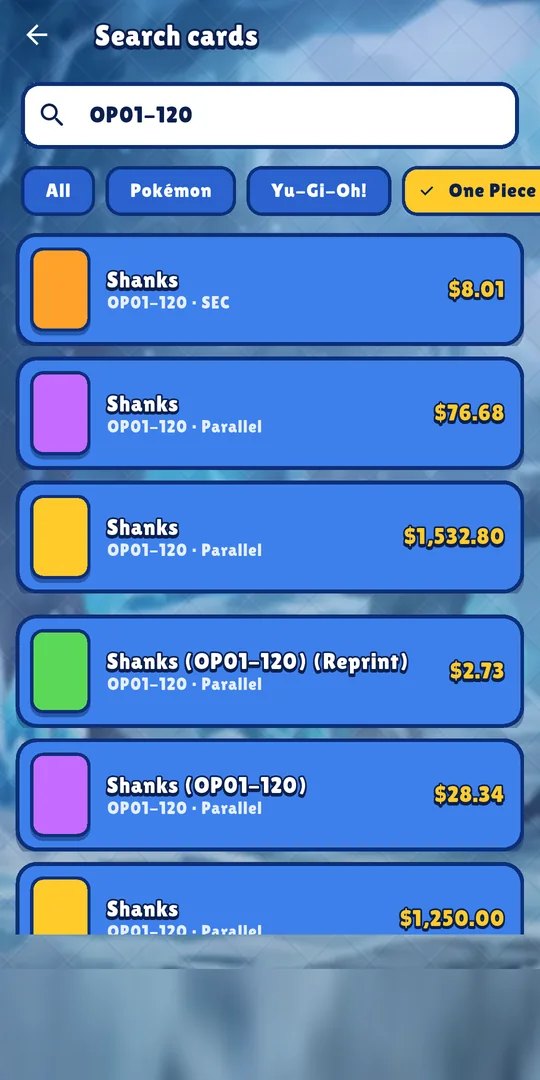 Pullwise free search for OP01-120 with the One Piece filter: Shanks SEC at $8.01 and parallels priced up to $1,532.80