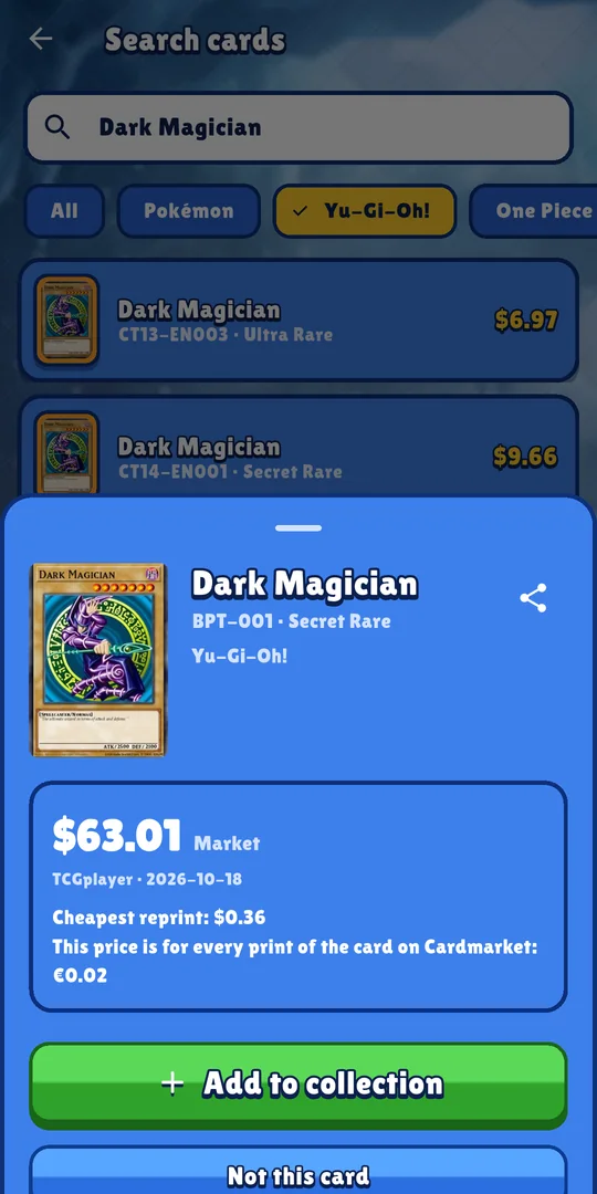Pullwise result sheet for Dark Magician BPT-001 Secret Rare: 63.01 dollars TCGplayer Market dated 2026-10-18, cheapest reprint 0.36 dollars