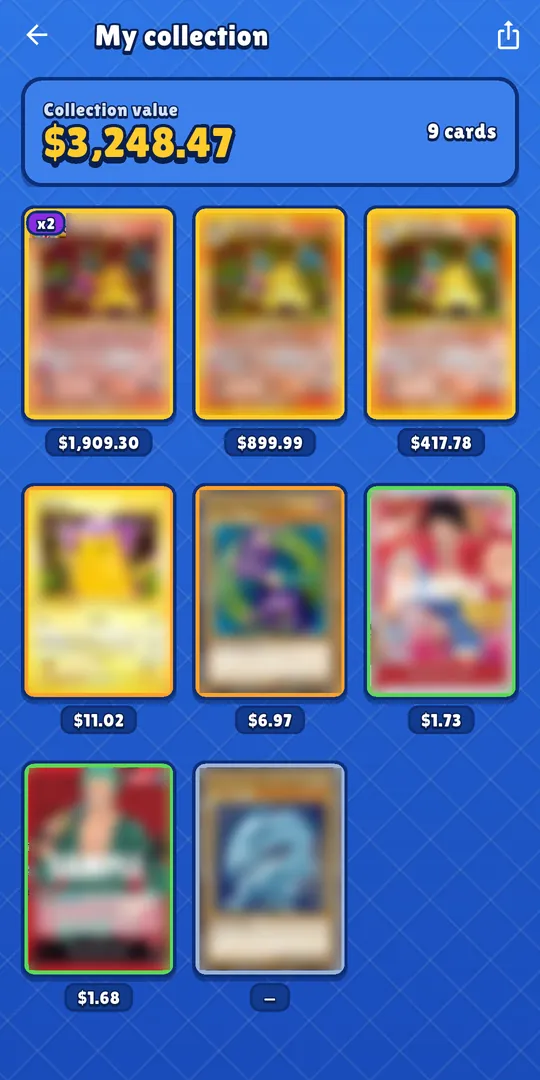 Pullwise collection screen: total value and a grid of cards with prices