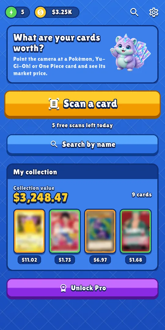 Pullwise home screen with the Scan a card button, 5 free scans left today, a Search by name button and the collection value