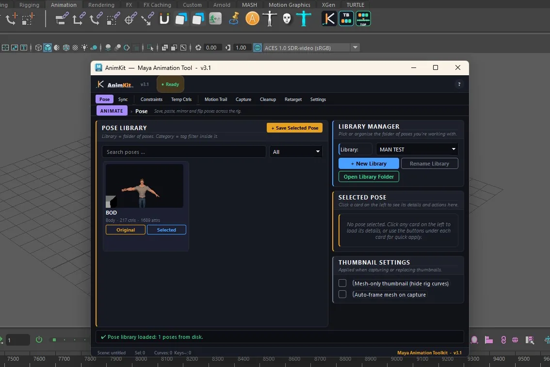 AnimKit's Pose Library window open in Autodesk Maya, under the Animation shelf with the AnimKit shelf buttons