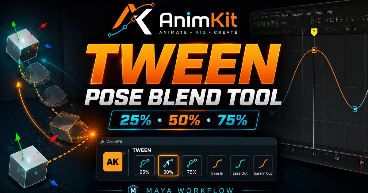 بانر أداة Tween لمزج البوزات في AnimKit يُظهر الشريط ومنحنيات الأنيميشن في مايا