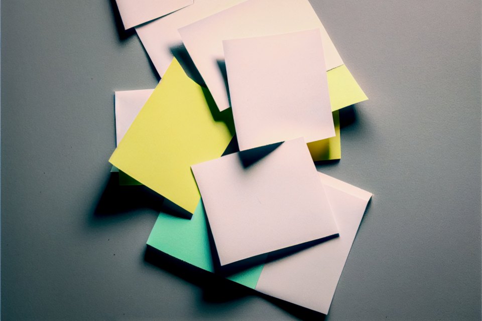 Overlapping squares of coloured paper on a grey surface