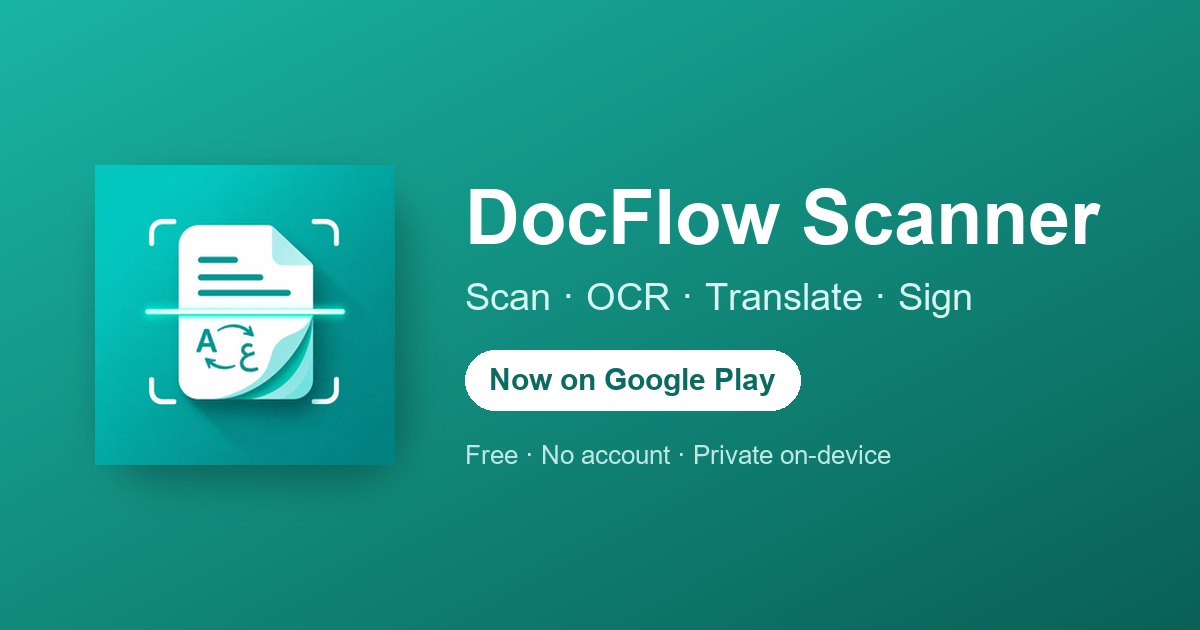 Bannière de l'appli DocFlow Scanner — Scanner, OCR, Traduire, Signer — maintenant sur Google Play