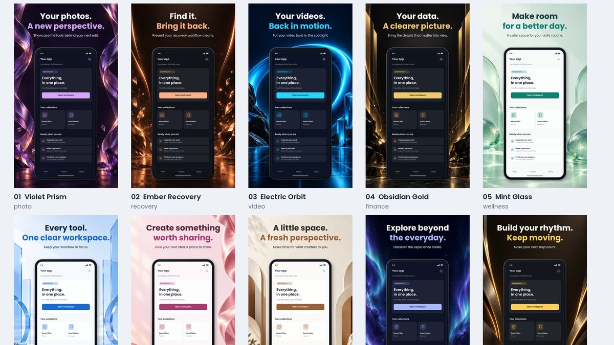 Ten Google Play phone screenshot styles side by side, each with a device frame, headline and themed background