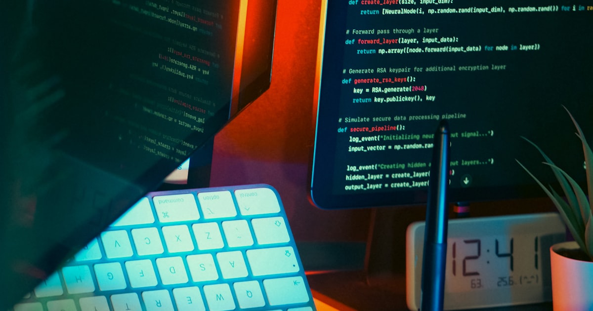 Advanced coder workspace with multi-monitor setup, colorful illuminated keyboard, and visible source code on screens in moody tech lighting