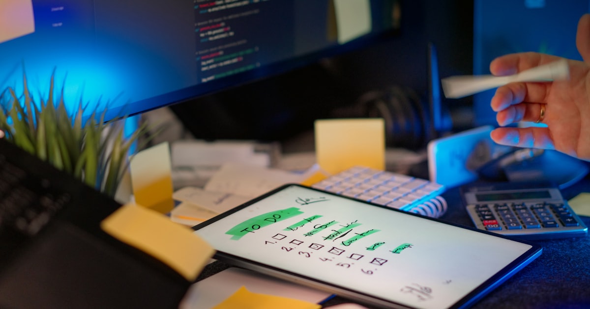 Developer working on multiple screens in a dark office, surrounded by coding monitors and sticky notes