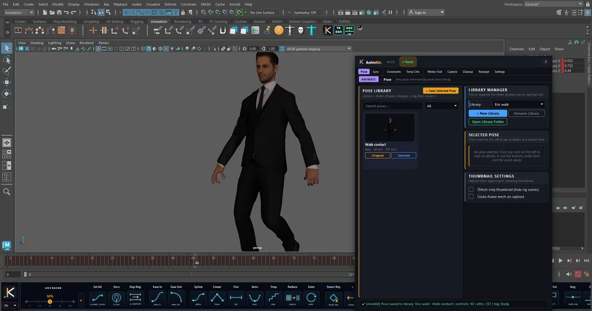 AnimKit 3.1.6 in Maya 2024 with the walking example rig: a library made for this test ('Eric walk') holds one pose saved through the Pose tab, 90 controls and 357 attributes, with the thumbnail the tool captured. The toolbar is docked under the time slider.