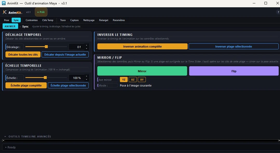AnimKit's Sync tab with the interface set to French. The Mirror / Flip card on the right has the mirror-plane choice (YZ, XZ, XY) and states that it works on the current pose unless a Time Slider range is highlighted.
