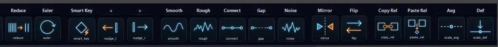 AnimKit's toolbar docked in Maya, cropped to the curve tools: Reduce and Euler sit next to Smart Key, the nudge arrows, and Smooth, Rough, Connect, Gap and Noise.
