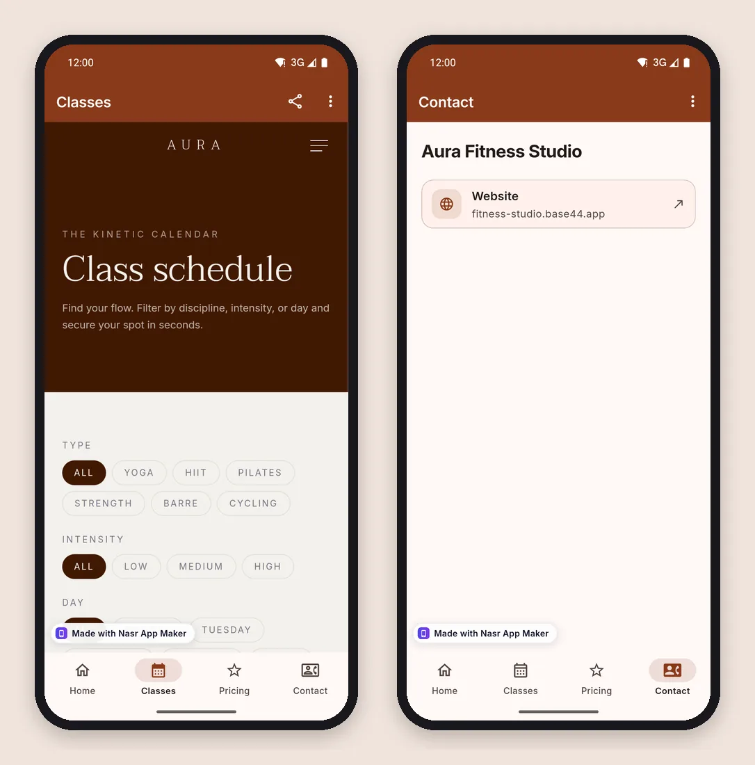 Two screens of the installed app: the Classes tab with the class schedule filters and the native Contact page with one Website button