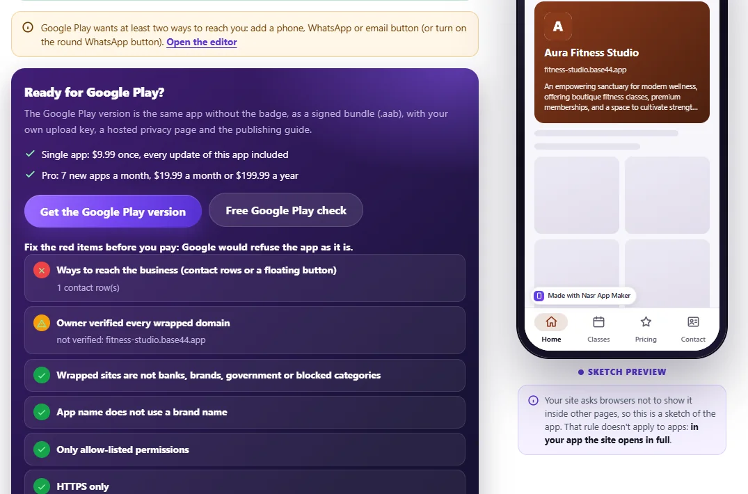 The free Google Play check: Ways to reach the business failed with 1 contact row, Owner verified every wrapped domain is a warning, and the sketch preview note explains that the site opens in full in the app