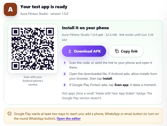 The test app is ready: Aura-Fitness-Studio-1.0.0.apk, 32.4 MB, with a QR code and the install steps