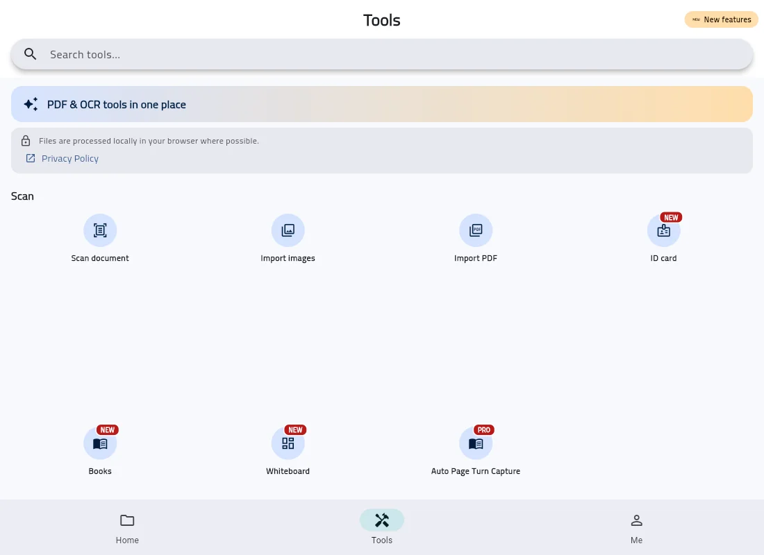 The Tools screen of DocFlow Scanner, captured from the web build of the app: Scan document, Import images, Import PDF, and dedicated modes for ID cards, books and whiteboards.