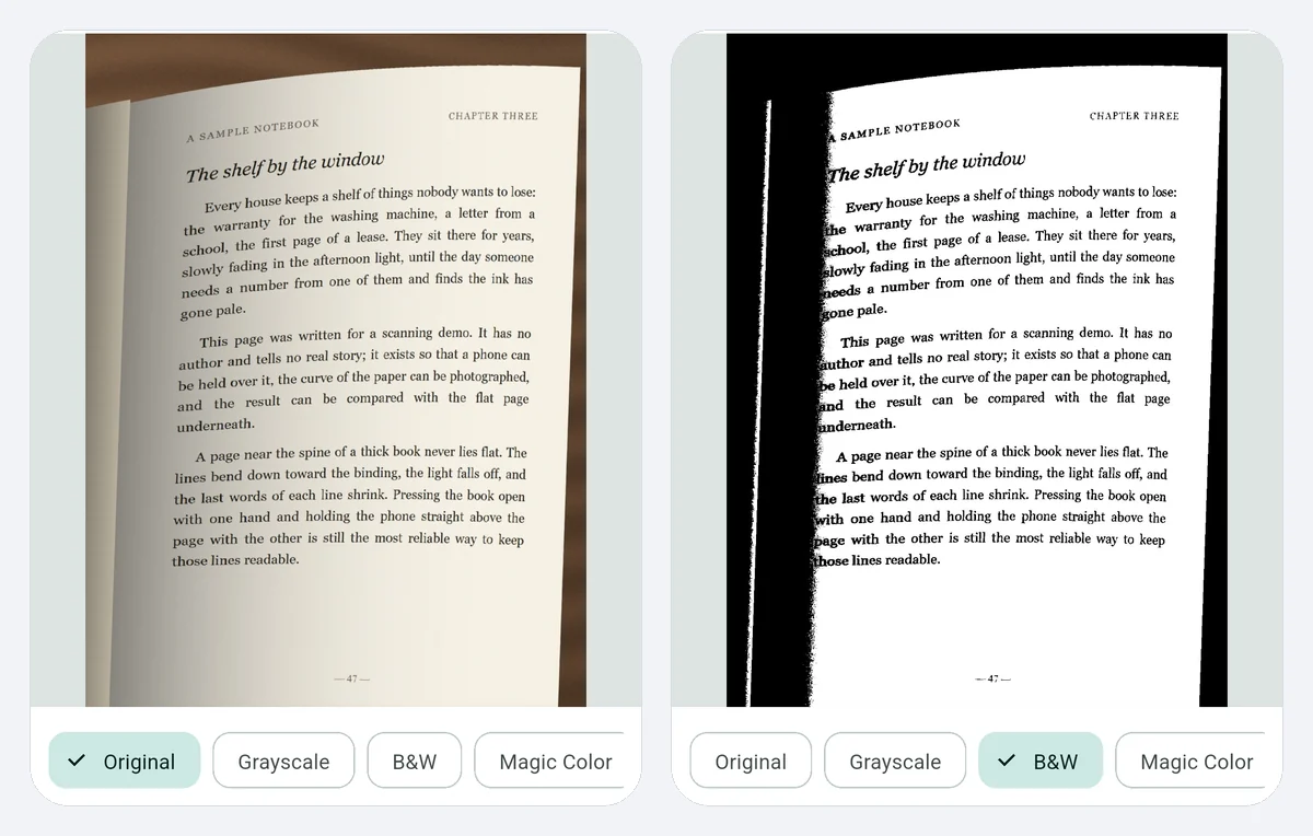 A curved test page in DocFlow's editor, before and after the B&W filter. The filter clears the shading on the text, but the lines near the spine stay bent and the gutter turns black: no filter flattens a curve, so press the page flat before you shoot. Captured on an Android 15 emulator with a page made for this demo.