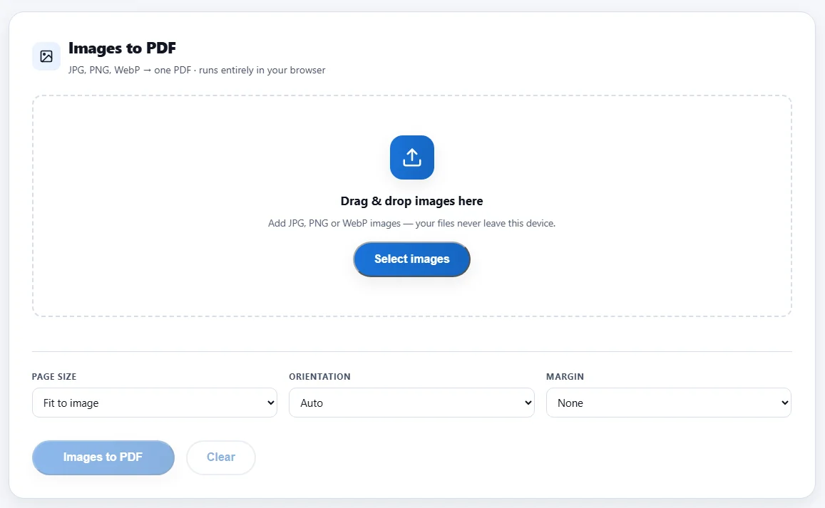 The Images to PDF tool on this site before a file is added. Page size, orientation and margin are chosen here, and the conversion runs in the browser.