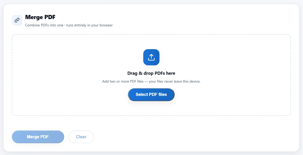 The Merge PDF tool on this site before files are added. It takes two or more PDFs, and the list shows move-up and move-down buttons for ordering once files are in.