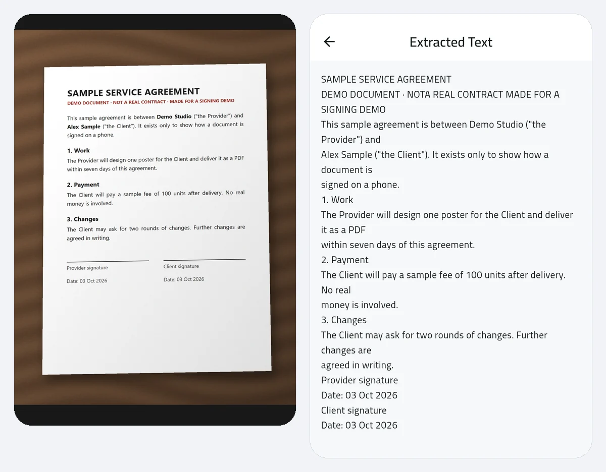 DocFlow reading an English test page on an Android emulator: the photo, then the extracted text. One slip ('NOTA REAL' for 'NOT A REAL') is the kind of error to check for. Captured on an Android 15 emulator with a test page made for this demo; text recognition is part of DocFlow Pro.