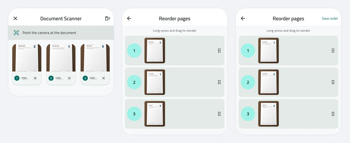 Three test pages imported in the wrong order (2, 1, 3), then fixed in DocFlow's Reorder pages: long-press a page, drag it, Save order. Captured on an Android 15 emulator with pages made for this demo.
