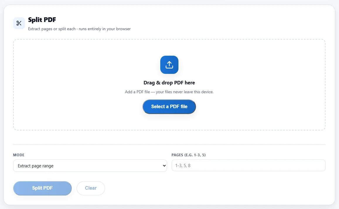 The Split PDF tool on this site before a file is added: a mode selector set to Extract page range, and a Pages field that takes ranges such as 1-3, 5, 8.