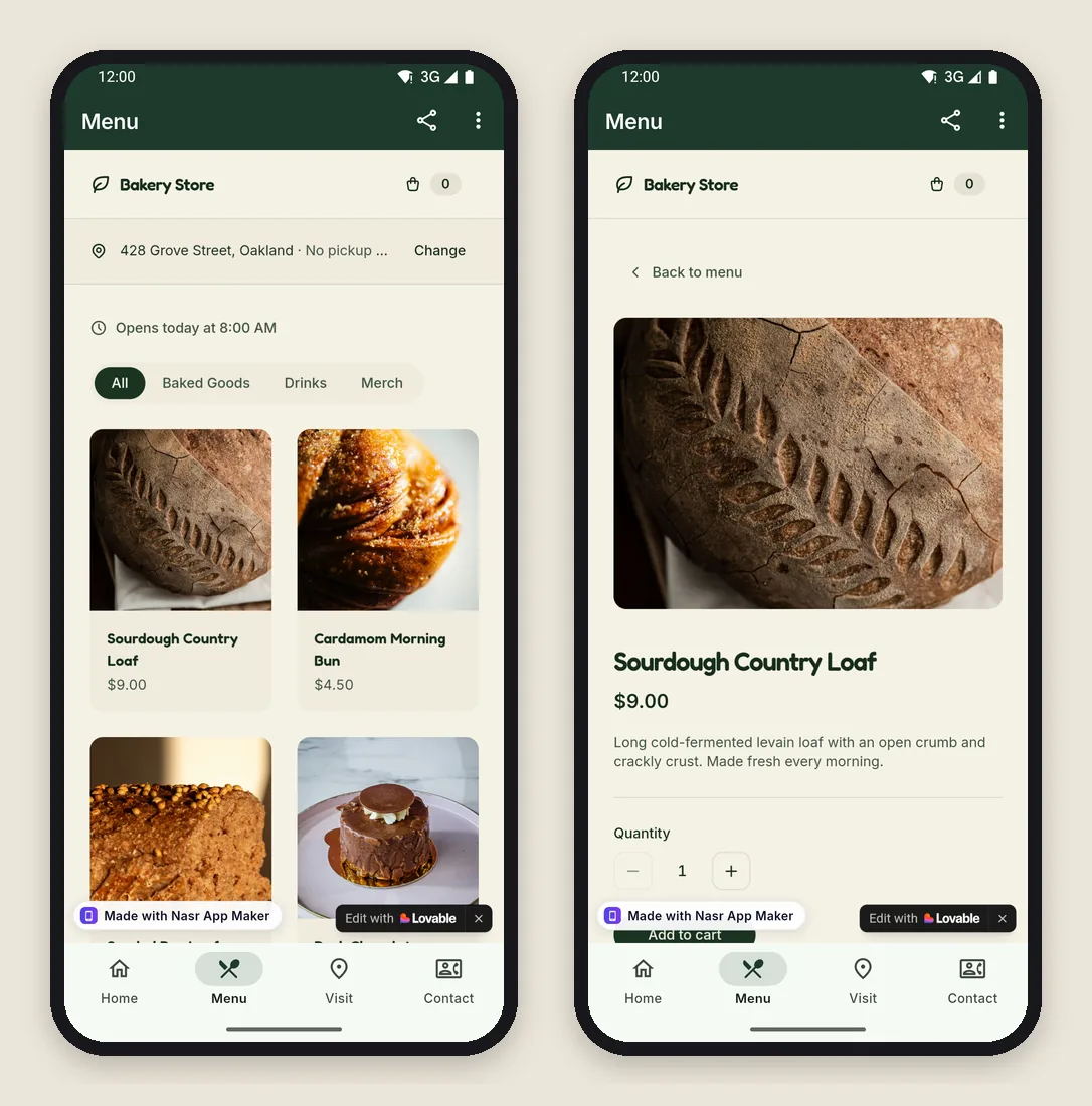 Two screens of the installed app: the Menu tab with the product grid and the Sourdough Country Loaf page opened from it