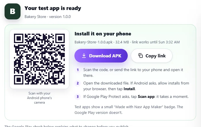 The test app is ready: Bakery-Store-1.0.0.apk, 32.4 MB, with a QR code, a Download APK button and the install steps