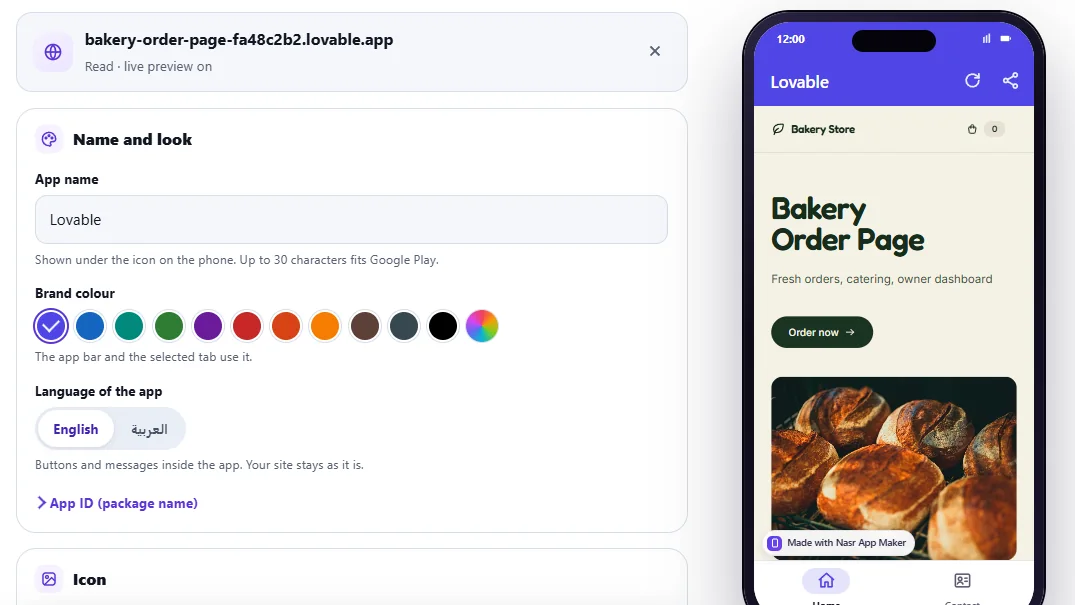 Nasr App Maker after reading the Lovable bakery site: the app name field says Lovable and the phone preview shows only Home and Contact tabs