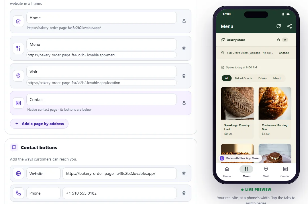 The editor with four tabs (Home, Menu, Visit, Contact) and the phone preview showing the bakery's Menu page