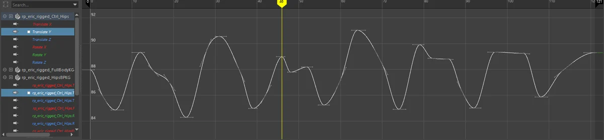 After the Key Reducer filter (Graph Editor > Curves > Key Reducer): the same hips curve drops from 122 keys to 30 and keeps its shape.