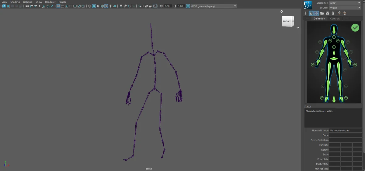 A mocap skeleton defined in HumanIK in Maya 2024: every slot green and the status reads 'Characterization is valid'. This is Maya's own Walk example clip; a Mixamo skeleton defines the same way.