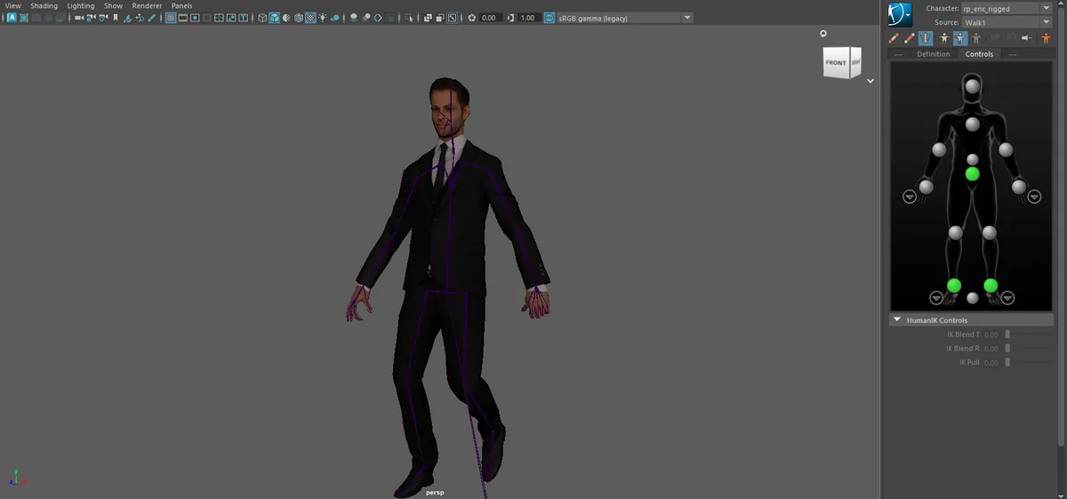 Source set: the example character (rp_eric_rigged) now follows the Walk1 mocap. Bake to Control Rig keys the motion onto the controls so the mocap file can go.