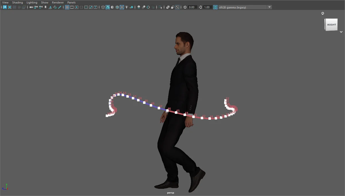 Create Editable Motion Trail on the right wrist effector, frames 22 to 70, frame numbers on (Maya 2024). The numbers bunch at the ends of the swing, where the hand slows, and spread out in the middle, where it moves fastest.
