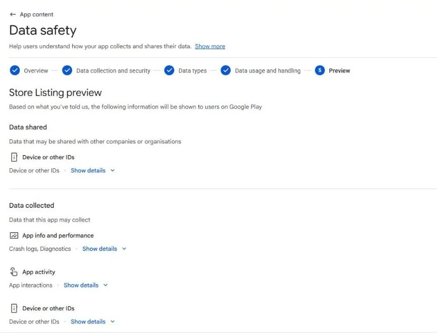 Step 5, Preview: the card Google Play will show. For Video Repair: device or other IDs shared; crash logs, diagnostics, app interactions and device IDs collected.