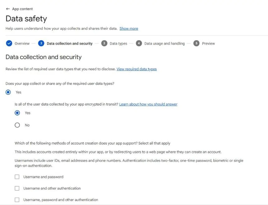 Step 2 of the form in Play Console, for Video Repair (another of my apps): does the app collect or share any required data type, and is that data encrypted in transit.