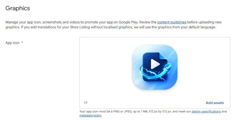 The app icon slot in Play Console, Video Repair's listing: the upload accepts a PNG or JPEG up to 1 MB at 512 by 512 px. Google's design specification still asks for a 32-bit PNG, which is what to export.
