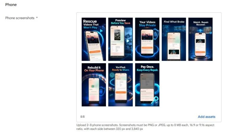 The rule printed under the phone screenshot slots in Play Console (Video Repair's listing, 3 October 2026): 2 to 8 screenshots, PNG or JPEG, up to 8 MB each, 16:9 or 9:16, each side 320 to 3,840 px.
