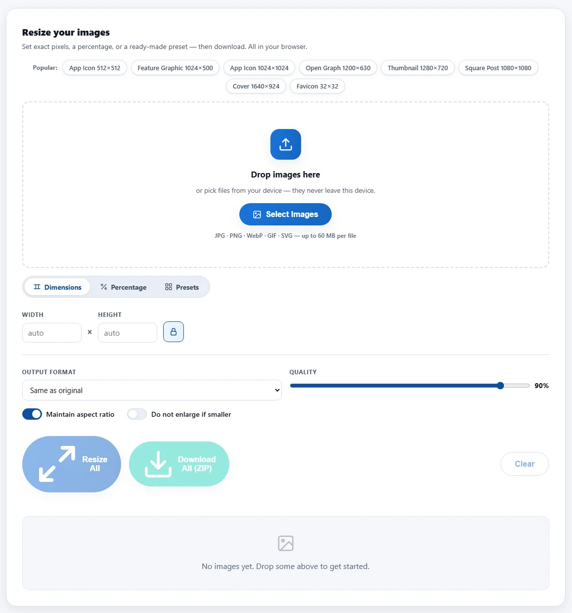 The image resizer on this site with its preset chips: App Icon 512 × 512, Feature Graphic 1024 × 500, App Icon 1024 × 1024, Open Graph 1200 × 630, Thumbnail 1280 × 720, Square Post 1080 × 1080, Cover 1640 × 924, Favicon 32 × 32.
