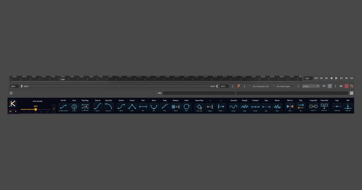 Maya's time slider with AnimKit's toolbar docked under it; Reduce and Euler are the two curve-cleanup buttons