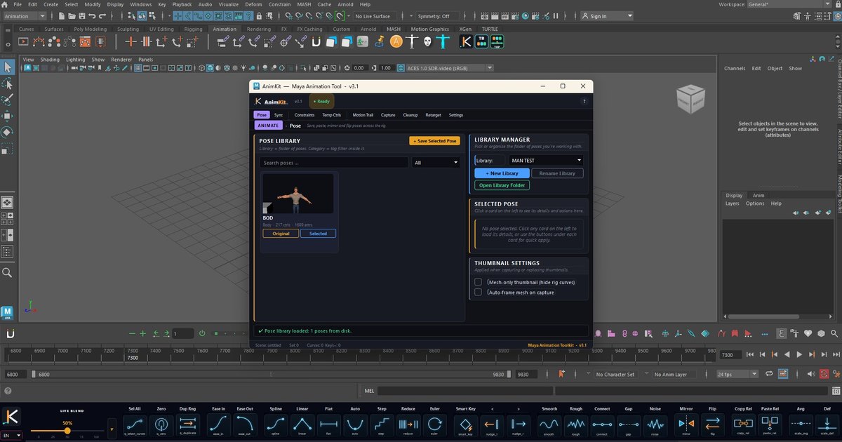 واجهة AnimKit 3.1 داخل Maya: تبويب البوزات وشريط الأدوات أسفل الـTime Slider