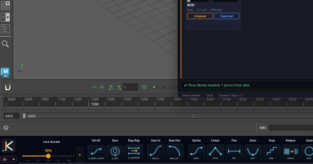 AnimKit's Live Blend slider docked under the time slider in Maya