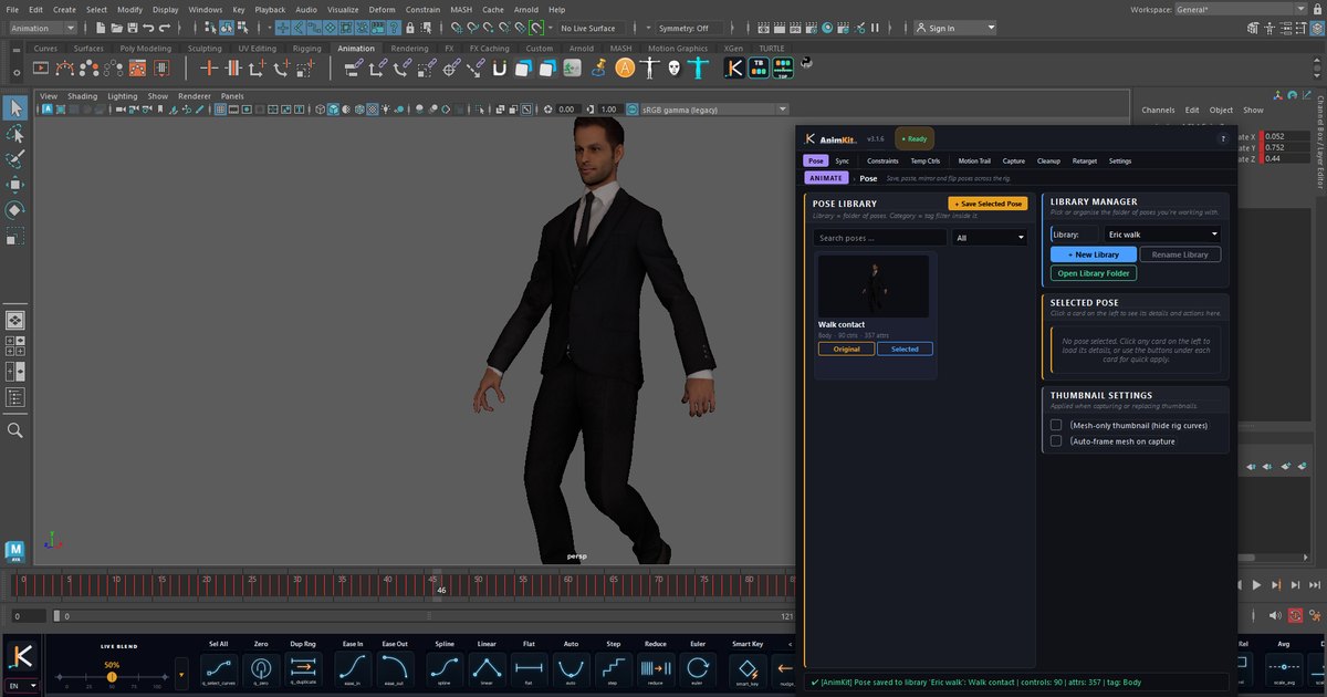 AnimKit 3.1.6 running in Maya 2024 on a walking example rig: the panel on the Pose tab and the toolbar docked under the time slider