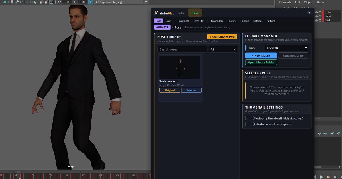 AnimKit's Pose tab in Maya 2024 with one pose saved from the walking example rig, next to the character